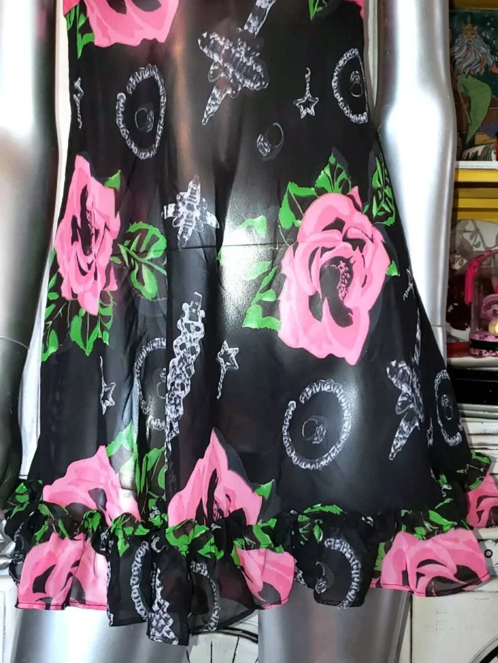 Vintage Betsey Johnson Slip Dress Y2K Black Floral Rose Jewelry Print Babydoll S - Picture 3 of 15